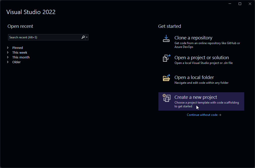 Visual Studio Start Screen